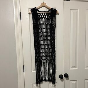 Black Hand Crochet Fringe Duster Cardigan